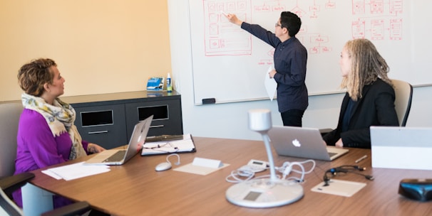 man in black dress shirt writing on dry-erase board