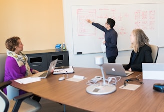 man in black dress shirt writing on dry-erase board